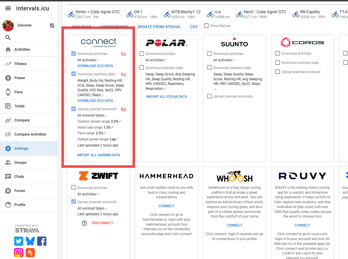 Garmin-Verbindung in Intervals.icu aktivieren